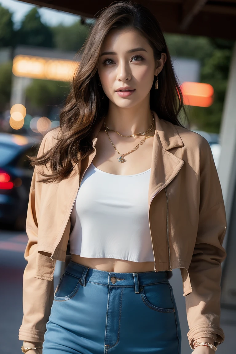 ((((top-quality))))、(((Ultra Precision CG16K Wallpapers)))、(((masterpiece)))、(((ultra-detailliert)))、(((Ultra-extreme details)))、One woman、a matural female、a 25yo woman、((Japanese face))、((extremely beautiful face))、((assist々Kiki:1.8))、((Semi-long cut:1.2))、(curly hair)、Bangs up to the eyebrows、Beautiful brown hair、Beautiful delicate eyes、Brown eyes、lofty nose、small nostrils、seductive lips、slightly open mouth、Beautiful breasts、C-cup size breasts、cleavage of the breast、Plump body、perfectly proportions、perfect anatomia、Beautiful and detailed shading、Beautiful natural lighting、Beautiful detail glow、depth of fields、(((a high chroma)))、((realisitic:1.9))、((Vivid:1.4))、((Beautiful skin))、((Skin texture))、((Realistic skin feeling))、perfect-composition、((cowboy shot))、((View from the front))、((a smile:1.2))、(Staring eyes)、Bright sunshine、((Walk through the drive-in:1.2))、(Background blur)、((Brown Leather Jacket:1.5))、((White shorts:1.5))、(a necklace)、(耳Nipple Ring)、((beautiful thigh:1.5))、NSFW、