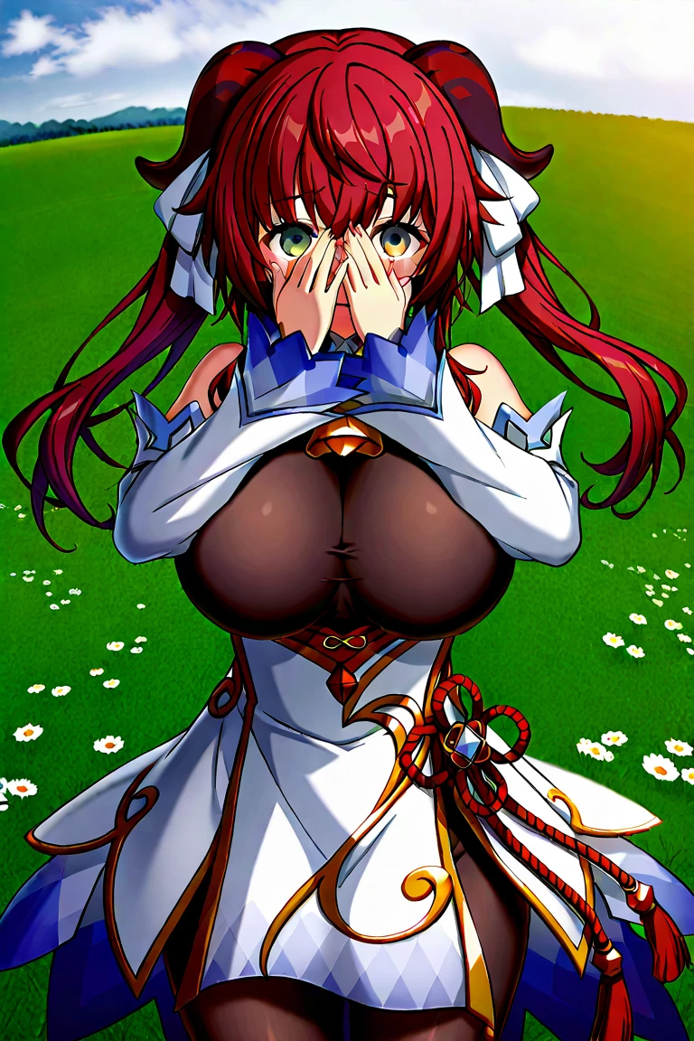masterpiece, best quality, ultra-detailed, illustration,masterpiece, Best quality, high resolution, high resolution, 1girl, solo, red hair, red eyes, twintails, skull print, fang, evil smile,beautiful detailed eyes, looking at viewer in a seductive look, close up, ( focus), (arms behind back:1.2), (from above:1.1),big sized breastmpt to seduce,blush, cleavage ,(wis:1.3), (wedding dress), (white dress),(white veil),(tight dress),nipples,((show nipple,((show tits:1.
