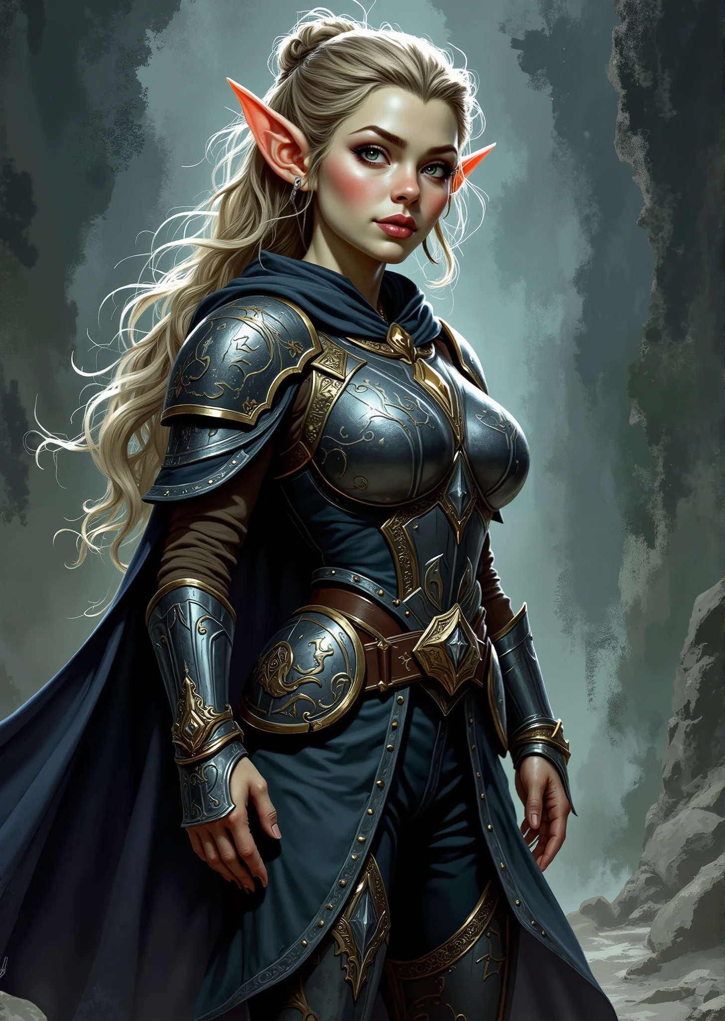 An extremely detailed comic book illustration of a stunningly beautiful extremely curvaceous Gnome from Dungeons and Dragons petite magical folk with big eyes and pointed ears created by gods of invention and illusion seldom seen by other folk due to the gnomes' secretive nature and their propensity for living in forests and burrows making up for their small size with the cleverness trained as a Dungeons and Dragons Eldritch Knight Fighter comprised of questing knights royal champions elite soldiers and hardened mercenaries sharing an unparalleled prowess with weapons and armor well acquainted with death both meeting it out and defying it combining the martial mastery common to all Fighters with a careful study of magic their spells both complementing and extending their combat skills providing additional protection to shore up their armor and allowing them to engage many foes at once with explosive magic wearing a sleek form-fitting suit of armor that combines both protection and mobility made out of metal with a dark polished finish that gives it a sophisticated and intimidating look with the chest plate sculpted to highlight her form while providing ample coverage featuring intricate engravings or runes that may suggest magical properties or a connection to her powers with ornate pauldrons that rise sharply adding to her formidable presence embellished with designs that hint at her magical abilities incorporating motifs of lightning with gauntlets that are robust and intricately designed over fitted trousers that match the armor's aesthetic made from the same dark metal material material flowing behind her is a dramatic cloak that adds an element of mystique which is dark with a subtle sheen and is clasped at the neck billowing out behind her as she moves in an art style inspired by Frank Miller and Conan the Barbarian. The Background is awash in dark moody textured brushstrokes of mystical shades. Standing in a dynamic action pose. Trending on Art Station.