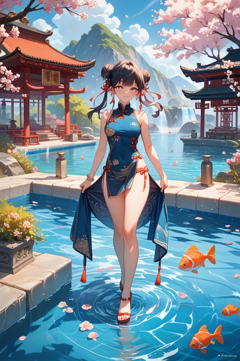 huaniao, [(Spare clothing:1.5)::5], 中景 the scene is, Full body,  Chinese style , blossoms,((The fish)),stone fragment, Beautiful detailed water,pools of water,