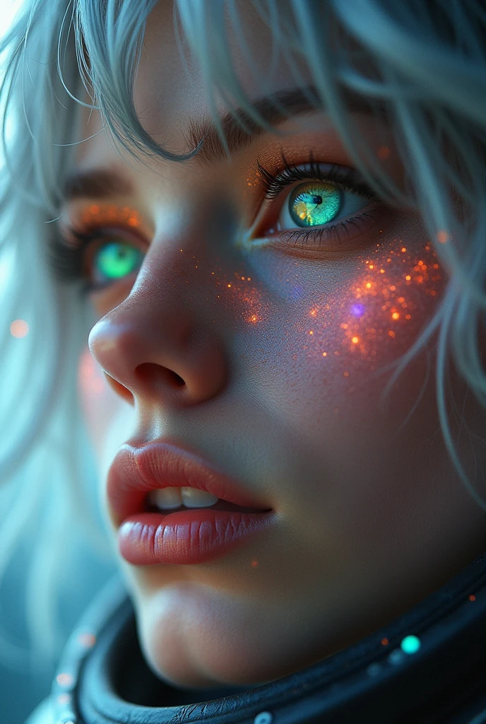 (Close-up of a masterpiece:1.5)0.9]，(Space and astronauts:1.2) (Messy silver hair:1.1) (Heterochromia yellow blue eyes:1.2) (Casque spatial:1.0) (Colorful stars in the eyes:1.0) (Dazzling light:1.1) (Thick lip:0.9)