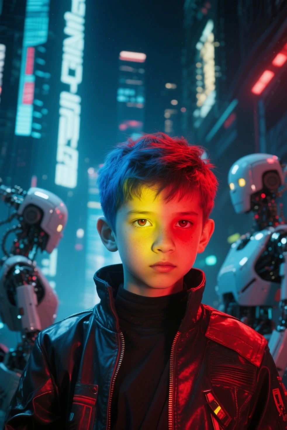(masterpiece:1.3), (best  quality:1.2), (Extremely detailed settings:2), (The soft+Artistic lighting), (1 boy), short blue hai red , (The eye+Yellow+ red :1.4), (multicolo red  The eye+Heterochromia), Wear cyberpunk costumes, A futuristic, technologies, City view (Robots around)0.4], Presenting theatrical scenes.