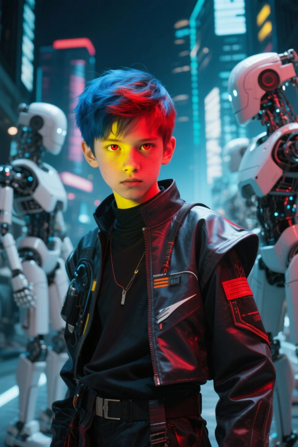 (masterpiece:1.3), (best  quality:1.2), (Extremely detailed settings:2), (The soft+Artistic lighting), (1 boy), short blue hai red , (The eye+Yellow+ red :1.4), (multicolo red  The eye+Heterochromia), Wear cyberpunk costumes, A futuristic, technologies, City view (Robots around)0.4], Presenting theatrical scenes.