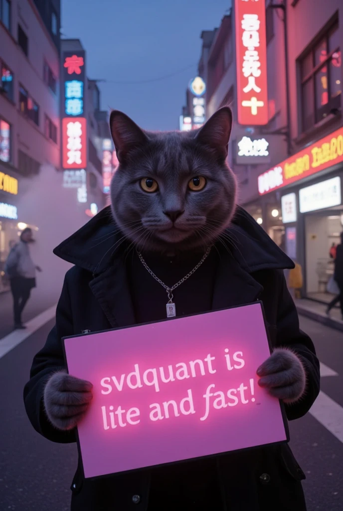 A striking image features a cat dressed in a black jacket, holding a glowing pink sign that reads "SVDQuant is lite and fast!" The cat's fur is dark gray with subtle hints of blue, and its eyes are a vivid yellow with large pupils, giving it an intense and almost otherworldly appearance. The background is a vibrant urban street scene at dusk or early evening, illuminated by neon signs in various colors, including red, blue, and pink. The atmosphere is lively yet slightly foggy, suggesting a bustling city environment. The cat stands out prominently against the colorful backdrop, creating a contrast between the natural animal and the artificial glow of the city lights. The overall mood is dynamic and energetic, reflecting the modern, tech-savvy theme suggested by the sign.