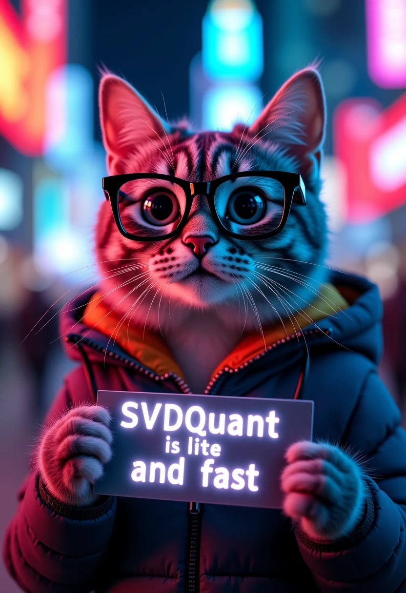 A cat with strikingly realistic fur holds a glowing neon sign that reads "SVDQuant is lite and fast" in bold white lettering. The feline's fur is a blend of vibrant colors, with shades of grey and subtle hints of magenta and blue accentuated by the ambient lighting. Large, expressive eyes are framed by stylish black-rimmed glasses, adding a quirky yet intelligent demeanor to its appearance. The cat wears a padded jacket, its texture suggesting warmth and comfort, with contrasting tones of dark blue and hints of orange at the lining visible under the neon illumination. The image composition is tight, emphasizing the cat as the central , while a blurred cityscape in the background adds depth and enhances the urban setting. Neon signs and lights, composed of bright reds, blues, and purples, suggest a bustling city environment at night, contributing to a modern and tech-savvy ambiance. The atmosphere is energetic yet composed, offering a playful juxtaposition between the natural look of the cat and the urban, technologically-themed setting.