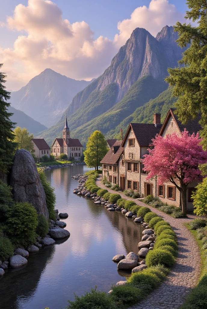 , a small riverside village,The background is mountains,Flowers bloom,vibrant with colors,Detailed scenery,Beautiful natural landscape,Ambiance Lighting,Scorching sunset,a warm color palette,utility,utility摄影,Delicate leaves,Complex architecture , cobblestone streets , charming country cottages , swirling bright colors, dense vegetation ,Still water reflections,picturesque,Leisure and tranquility,artwork of a,Best quality,8k,Extremely detailed,anime style