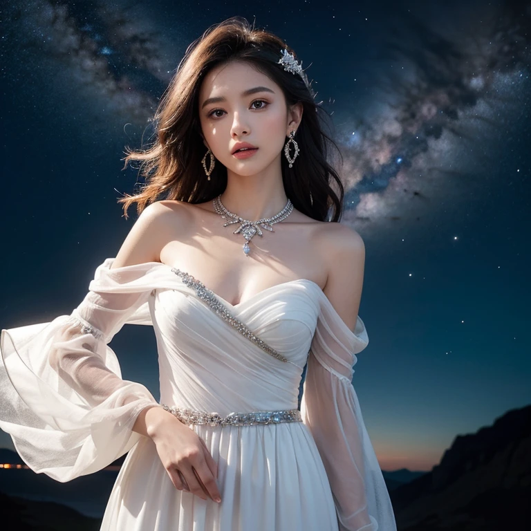 A young woman stands against a vivid, cosmic backdrop, adorned in a flowing white dress with delicate ruffles along the neckline and sleeves that drape elegantly off her shoulders. Her wavy silver hair cascades down, adding to the hereal quality of the scene. She wears ornate jewelry, including earrings and a jeweled necklace, enhancing her regal appearance. The sky behind her is a stunning blend of deep purples, blues, and flecks of light, resembling a star-studded galaxy. A prominent full moon illuminates the scene, casting a soft glow and interacting beautifully with the surrounding stars and clouds. The composition of the image, with its interplay of light and color, creates a dreamy and enchanting atmosphere.