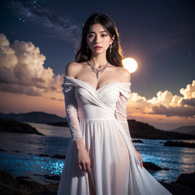 A young woman stands against a vivid, cosmic backdrop, adorned in a flowing white dress with delicate ruffles along the neckline and sleeves that drape elegantly off her shoulders. Her wavy silver hair cascades down, adding to the hereal quality of the scene. She wears ornate jewelry, including earrings and a jeweled necklace, enhancing her regal appearance. The sky behind her is a stunning blend of deep purples, blues, and flecks of light, resembling a star-studded galaxy. A prominent full moon illuminates the scene, casting a soft glow and interacting beautifully with the surrounding stars and clouds. The composition of the image, with its interplay of light and color, creates a dreamy and enchanting atmosphere.