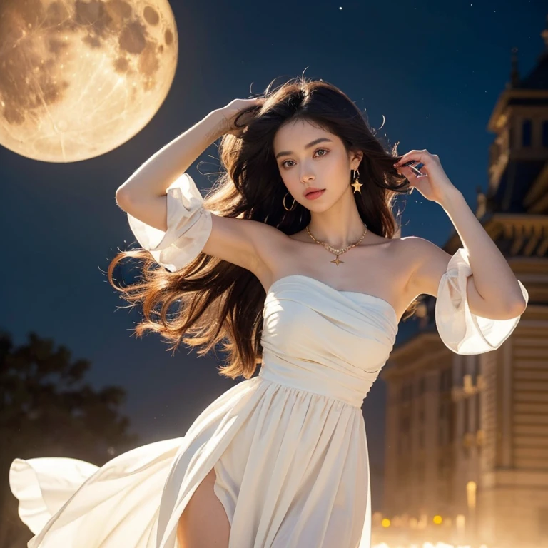 longwavy hair, flowing white strapless,with ruffle sleeves, colored gemstone necklace, hanging Venus earrings, posing elegantly,One arm down,lift the other arm slightly,as if holding a dress, up looking, white and smooth skin, lift the other arm slightly {x} with a glowing full moon and red gold stars, soft lighting, Magical and fantastic atmosphere, Frontal photo, Exposure balance.