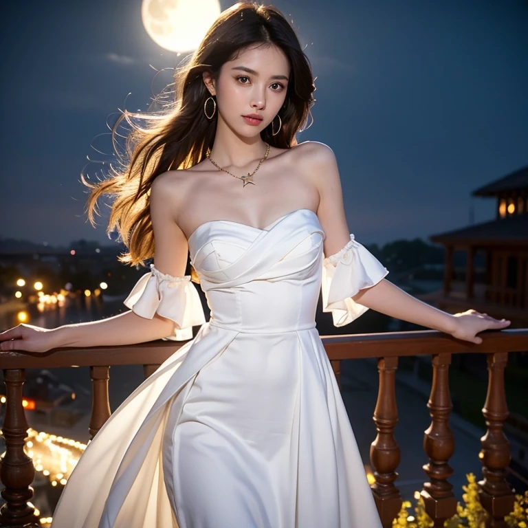 longwavy hair, flowing white strapless,with ruffle sleeves, colored gemstone necklace, hanging Venus earrings, posing elegantly,One arm down,lift the other arm slightly,as if holding a dress, up looking, white and smooth skin, lift the other arm slightly {x} with a glowing full moon and red gold stars, soft lighting, Magical and fantastic atmosphere, Frontal photo, Exposure balance.