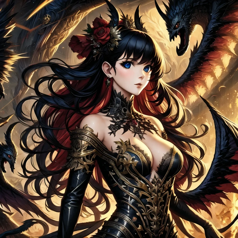 ((best quality)), ((masterpiece)), (detailed), realistic eyes, black hair, black leather outfit, armor, evil landscape, alluring female witch, BREAK ethereal beauty, sitting on a dead tree, (fantasy illustration:1.3), enchanting gaze, captivating pose, solo girl, otherworldly charm, mystical sky, BREAK (Luis Royo:1.2), (Yoshitaka Amano:1.1), moonlit night, soft colors, (detailed cloudscape:1.3), (high-resolution:1.2) (dragon flying in the sky in the background), thong, BREAK legs dangling above lava, evil goddess, realistic, realism, sexy body, glowing torches, long leges, skinny sexy body, perfect exposed boobs, tattoos