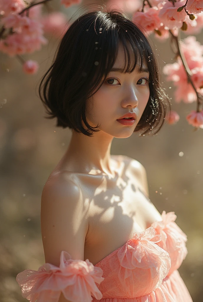 (Cherry blossoms in full bloom:1.7),(Cherry blossom petals dancing in the wind:1.3),(wood々Sunlight shining through:1.3),One Girl,Blushing cheeks,Looking at the audience,,(Oversized see-through tank top:1.7).A see-through tank top that accentuates your bust,Open see-through tank top,Wet Face,Wet Skin,Wet body,Wet costume,Wet Hair,Flower Hair Ornaments,necklace,Looking up from under the earrings,Written boundary depth,Pointy red mouth,(Reddish brown wet shiny short hair),Red Mouth,clavicle,Beautiful fingers,Hourglass-shaped body,Full body portrait,cute ,Wet Face,Digital Illustration,Single-lens reflex camera,Sharp contrast of light and shadow ,(Photorealistic:1.3),(RAW Photos.), (Tabletop,Highest quality,Ultra-high resolution output images,) (8K quality,),(Picture Mode Ultra HD,),