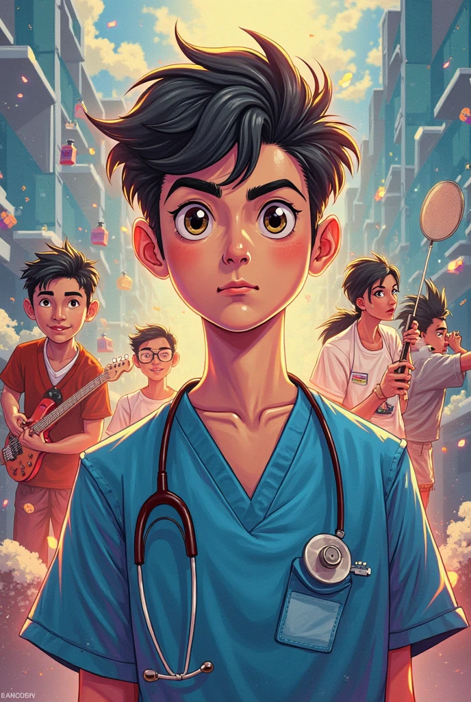 A 15-YEAR-OLD CHILD ,cientista,menino,COM UM JALECO DE MEDICO, ElementaL