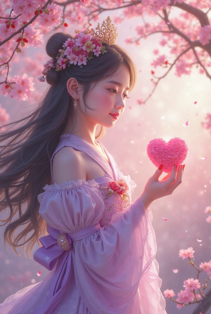 Hyper-realistic portrait of a Japanese girl celebrating Valentine's Day, intricate and detailed composition with heart themes, close-up, shallow depth of field, soft lighting, high resolution, accurate representation, unique, creative, well-lit, clear details, Canon EOS R5, 100mm lens, f/1.8, elegant, sophisticated, well-composed, unique pose, warm color tones, romantic