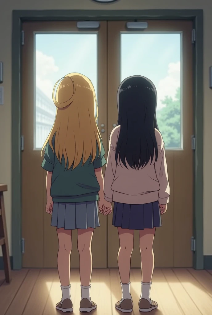 two girls from behind, in graduation gowns and caps, graduating college, college campus, college graduation, illustration
