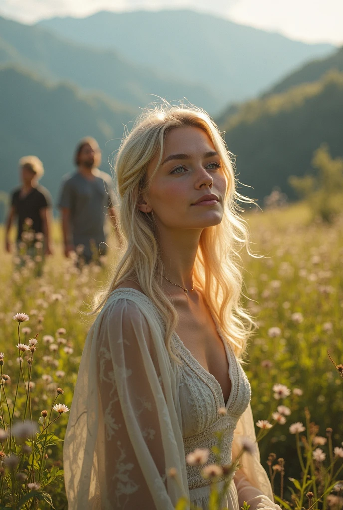 ((best quality)), ((Meisterwerk)), (Detailliert), Perfektes Gesicht frau mit blonden haaren mit wenig wind in den haaren posiert vor bergsee mit bergen im hintergrund. Whole body slightly angled