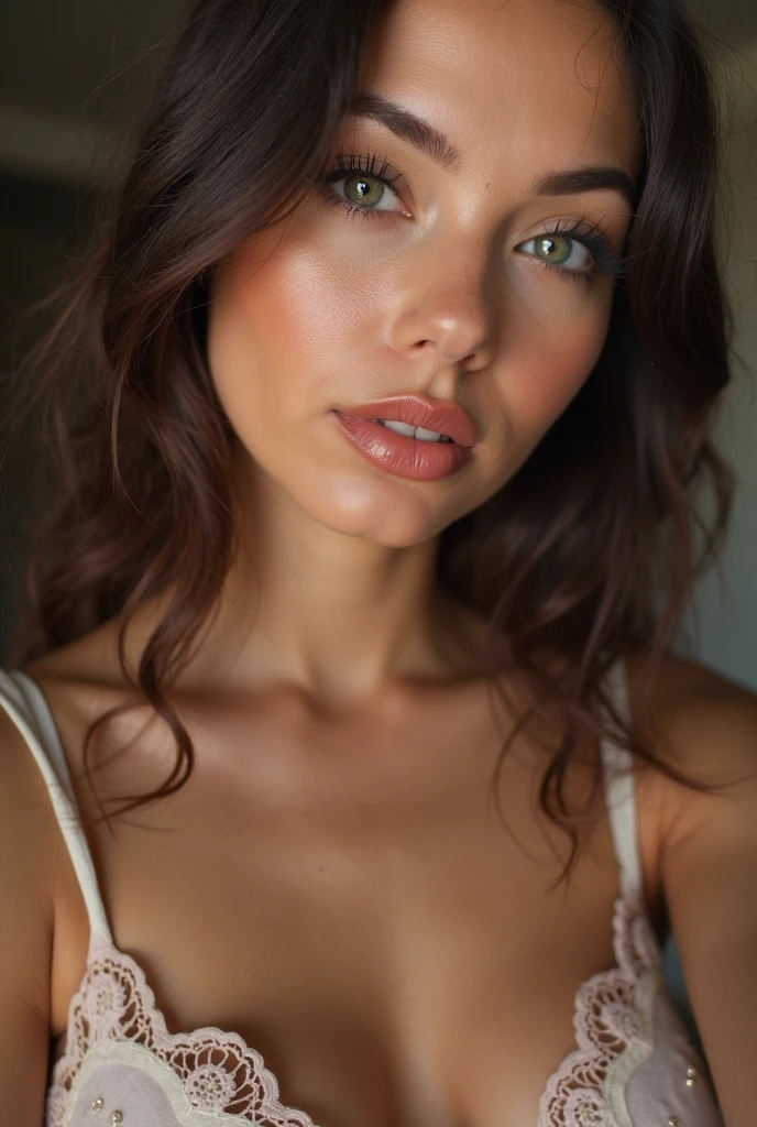 Femme arafed avec débardeur et culotte assortis, fille Sexy aux yeux bruns, Portrait de Sophie Mudd, cheveux bruns et grands yeux, selfie d&#39;une jeune femme, Yeux de chambre, Violette Myers, sans maquillage, maquillage naturel, regarder directement la caméra, Visage avec Artgram, Maquillage subtil, Superbe photo de tout le corps, , Buste moyen à large, Sexy ; ;Pas americ latine