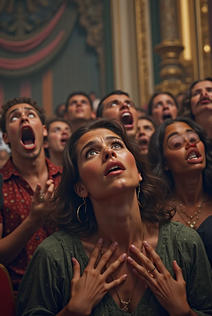 A young woman shouting holding the bible in front of a crowd people. The bible is written on the bible. The crowd people are crying. The woman is looking at the crowd
