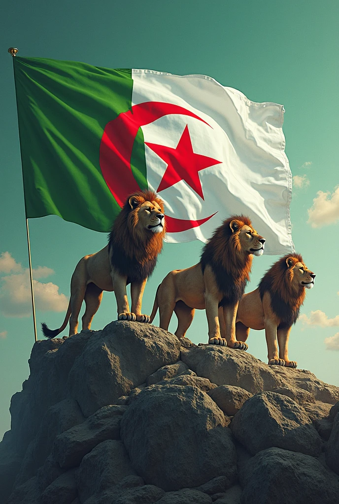 Drapeau algérien vert et blanc avec un croissant de lune et une étoile rouge avec des lions et des lionnes et des lionceaux dans les montagnes aride