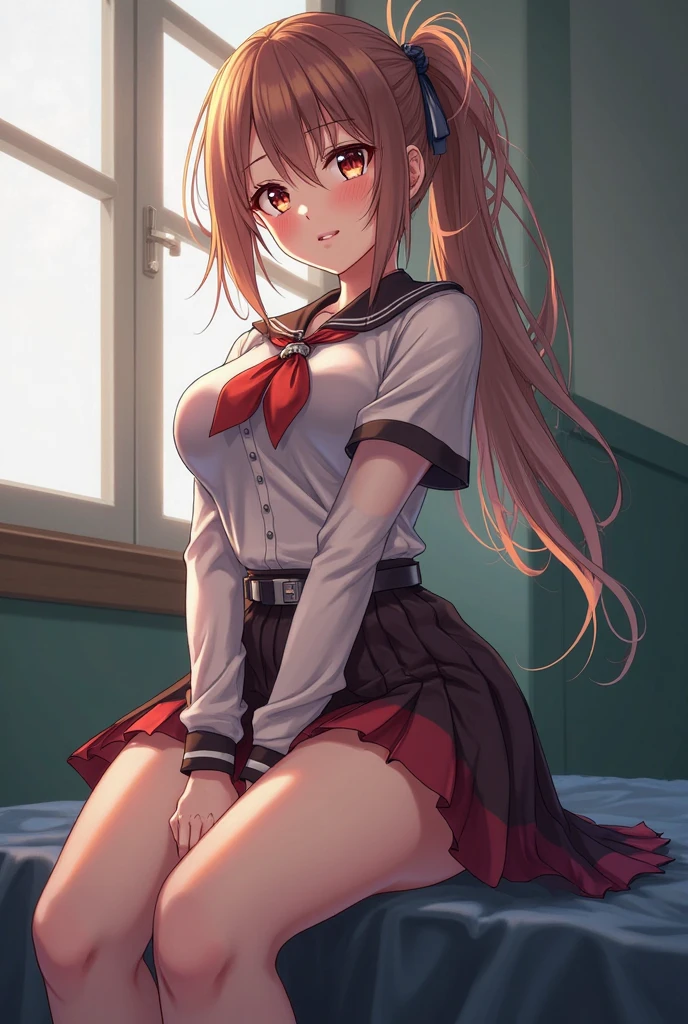 a woman in red and white is sitting on a bed. the person has horns and eyes, 1girl, breasts, thighs, solo, long hair, sitting, horns, skirt, red eyes, large breasts, off shoulder, shirt, looking at viewer, red skirt, white shirt, jacket, brown hair, picture frame, necktie, bangs, closed mouth, sleeveless, indoors, very long hair