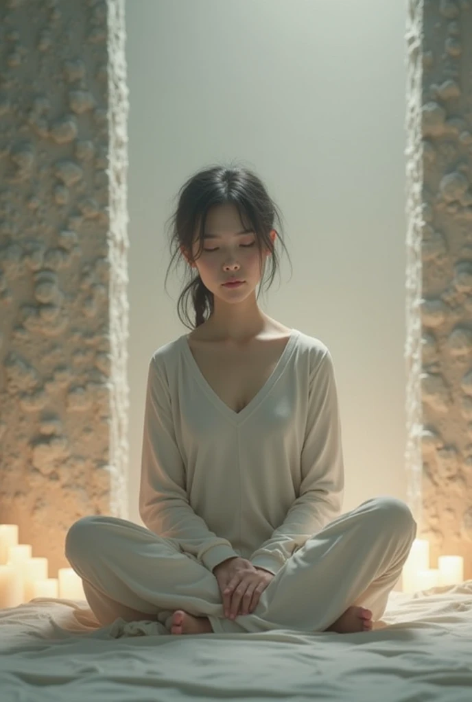 (Small underboob,Tomboyish,small heads)),  (perfect bodies: 1.1), (short-length straighthair: 1.2), Black hair,attractive collarbone，（极其细致的CG 8k壁纸），（Extremely refined and beautiful），（tmasterpiece），（best qualtiy：1.0），（超高分辨率：1.0），upper body photos，[A high resolution]，Smooth and flawless fair skin，ultra - detailed ，Elongated legs，（Small breasts:1.1),Flat chest,Slim，emaciated，Gorgeous Buddhist robes，In the main hall of the temple，Rightfully Lotus sits cross legged on a large lotus flower，（A large pink lotus flower：1.5），The girl is floating on the large lotus flower in the air，from front，Close-up，Sitting in meditation，eyes closed，kindly