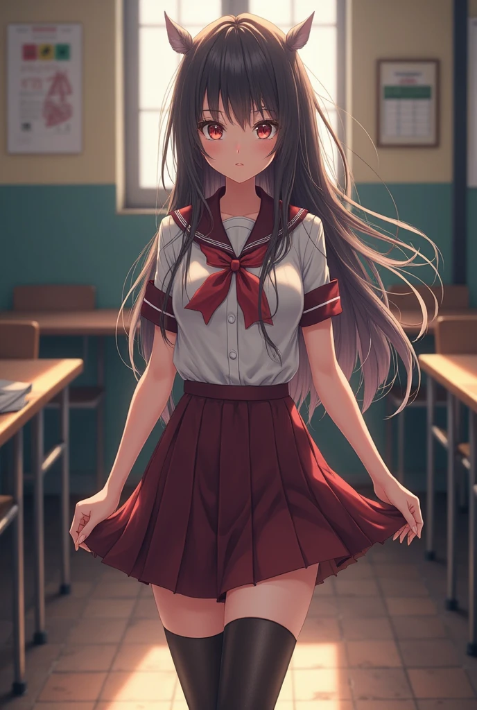 Fantasy art、A high school girl who uses magic、(((masterpiece, highest quality:1.5))),cowboy shot,20 year old beauty,solo,((very small head)),dark brown hair,ponytail hairstyle,long hair,bangs,brown eyes,blush,smile,medium breasts,(very long body),slender body,skinny,gleaming skin,oily skin,White sailor suit、Short sleeve、Red neckerchief、Pleated red mini skirt、white_thighhighs、Academy、Harry Potter World、