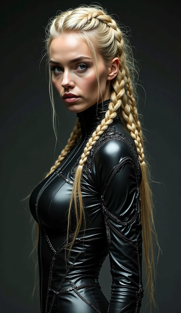 High face quality, A woman in black jeans and a green tall shirt, very longest braid blonde hair,eyes gray,body: very huge , muscular body,red lips, perfect face ,wide angle photograph,wide angle lens, close-up, highly detailed , high quality,8k, HDR, FullHD, cinematic, studio lighting