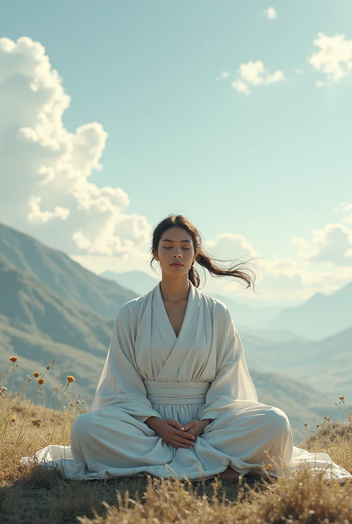 Vintage Photography, (ohwx woman:1.0,)Atop a serene mountain peak, a female human Monk (photorealistic:1.35) perfects her meditative stance. Her face, minimalistic with (natural, tranquil makeup:1.2), is a picture of inner peace. Her form, glowing faintly with her spiritual energy, radiates tranquility. The lofty mountain's tranquility, the wisps of clouds drifting by, and the Monk's meditative focus capture the spiritual essence of her class, <lora:jolie_lora_sdxl_v1:1>