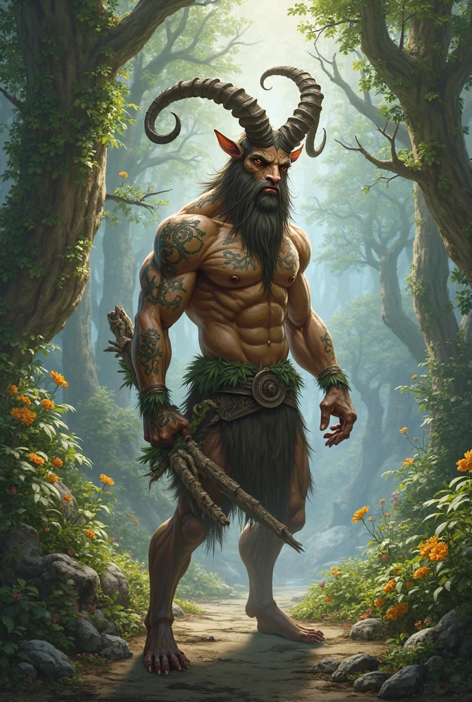 Faun, no clothing, holding a flute, velues, Wearing a wreath, rectangular face with goat features, long brown hair, complainant, defined jaw, in a forest at night, moon light, muscled body, horns on head, Celtic mythology, six pack abs, goat legs, brown hair all over the body, amber eyes, friendly and sweet look, near a bonfire, sexly, appealing, dreamcore, dark fantasy, photography realistic, Erotic, magical atmosphere.