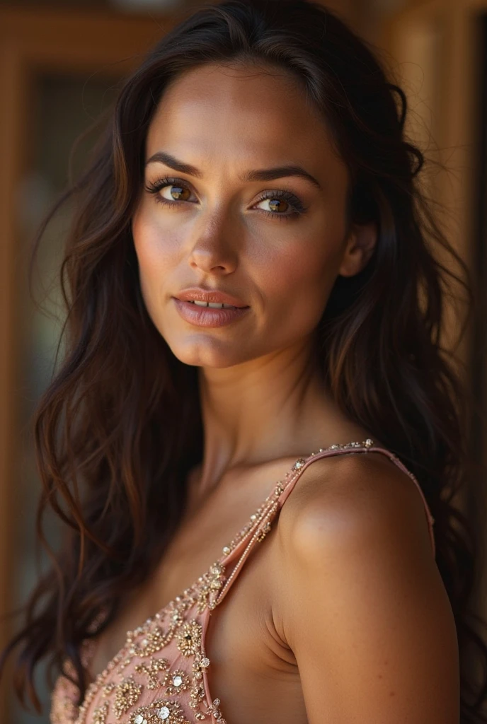 Femme brune jeune sexy et mature avec de bonnes formes. Regard attirant 