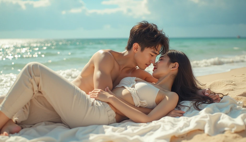 Romantic couple laying on sand sea beach