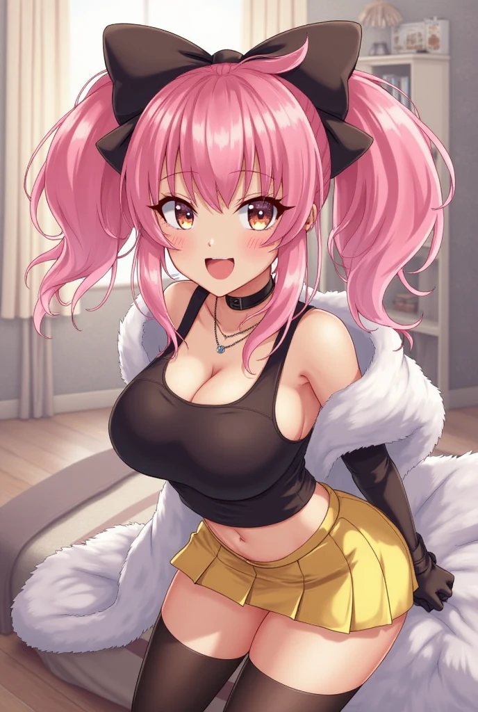 Fox girl, orange fox, furry, Sucking on pink lollipop, lollipop in mouth, pink hair ,glossy lips, earrings, white pleated skirt, transparent crop top, underboob, belly button, black thigh-highs, black elbow gloves, evil smile, looking down on viewer, sitting down ,legs spread, upskirt, night sky background