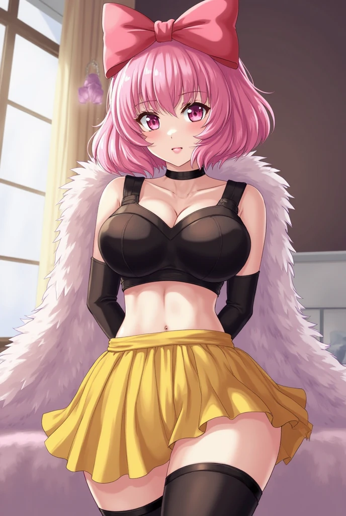 (masterpiece, best quality:1.2), Melodie, melodiebs, 1girl, solo, gigantic breasts, pink hair, big bow, elbow gloves, black crop top, yellow skirt, thigh highs, fur stole, choker, arms behind back, bedroom