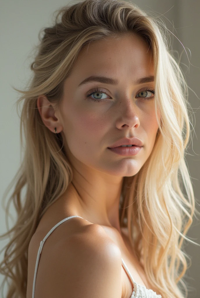 defined photo of woman with blonde hair, defined and delicate features. clear skin and face test