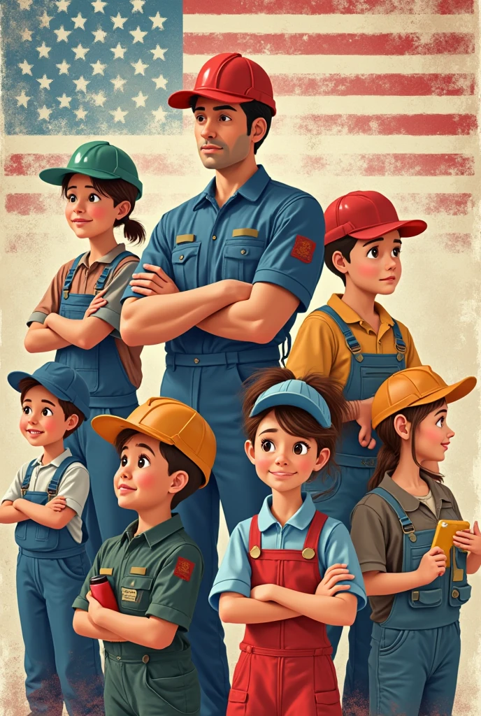 Mother and little girl in a photo shoot wearing safety vest and hard hats with patriotic flag as the background image