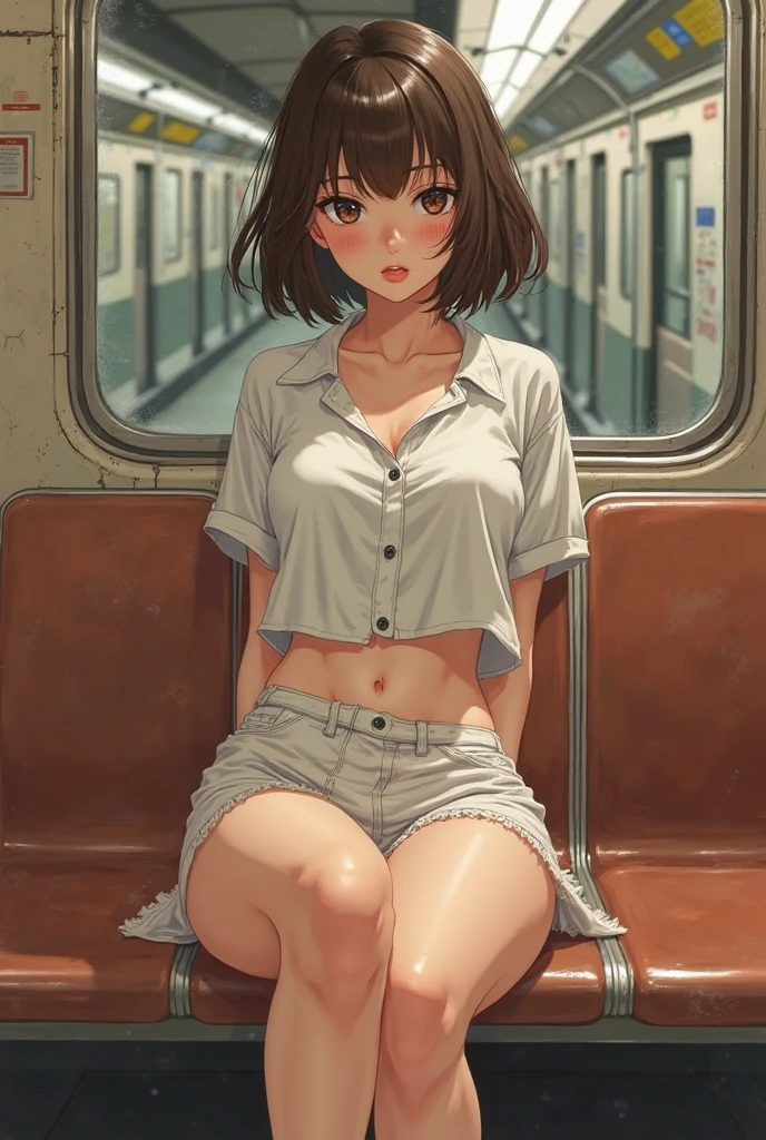 1girl,solo,full body,japanese,young,gyaru,bitch,slut,black hair,((white_off-shoulder_short-sleeves_top)),((micro denim skirt)),cleavage,wedgie,flip flops,squatting, (long_skinny_legs),(in front of the closed door inside train),looking at viewer,from above,cold expression,(((masterpiece))), (((((realistic))))), (((photo realistic))), (((hyper realistic))), (3D), ((best quality)), (((ultra-detailed))), (((super detailed skin))), Oiled_skin / Glistening_skin / High_contrast / Perfect_lighting / etc., shiny skin, "dark skin", "tanned skin", E235, train interior ,((peeing)),flashing chest, white panties, 