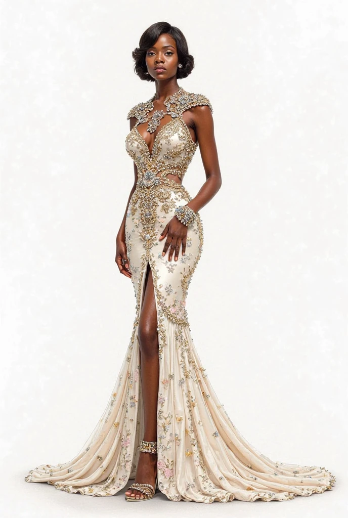 1lady, a slender African-American pageant queen, a transparent Diamond Encrusted draped transparent gown, attached bow, long dress train, walking on mega pageant show stage