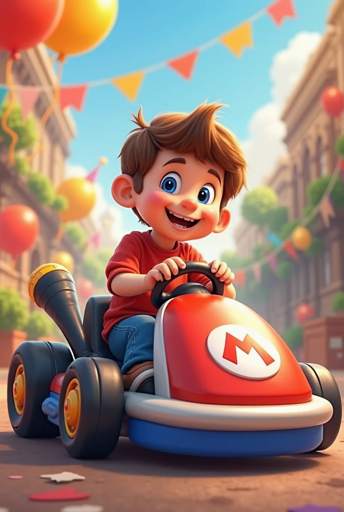 A child playing with blocks in the Mario Kart graphic