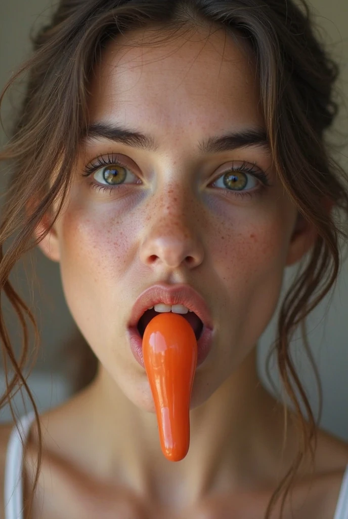 Hot girl, black hair, (brunette), green eyes, black small t-shirt , licking a lollipop. Cute