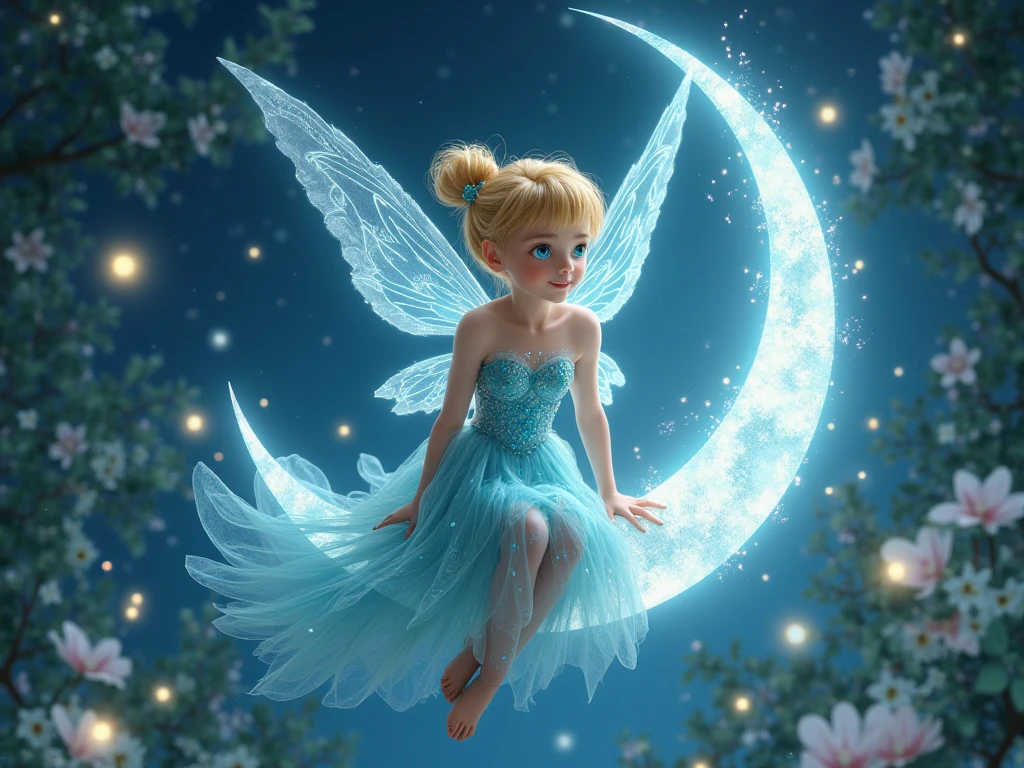 Beautiful tiny fairy, vivid detailed eyes, delicate symmetrical back wings, magical glassy waterlily pond, full moon starry sky 