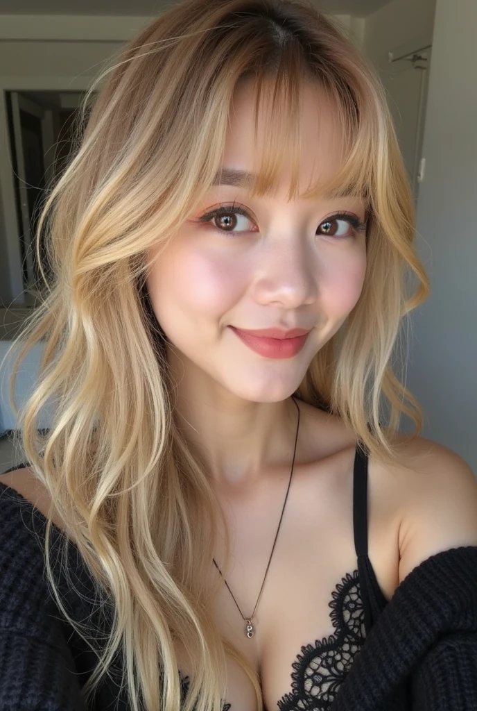 Surreal beautiful woman with blonde wavy hair and a big smile on her face.South Korea.Pure white off-shoulder low-cut dress.role play.Flirting