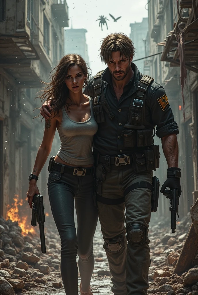 Surviving steampunk couple with torn clothing, hat, sunglasses, cigarette in mouth, use rifle, alien structure, realistic, stylish, rutkowski, hdr, intricate details, hyperdetailed, cinematic, rim light, danger atmosphere, night, red light, destroyed street, 4k, fire, nuclear bomb, apocalyptic powder, Dune --auto