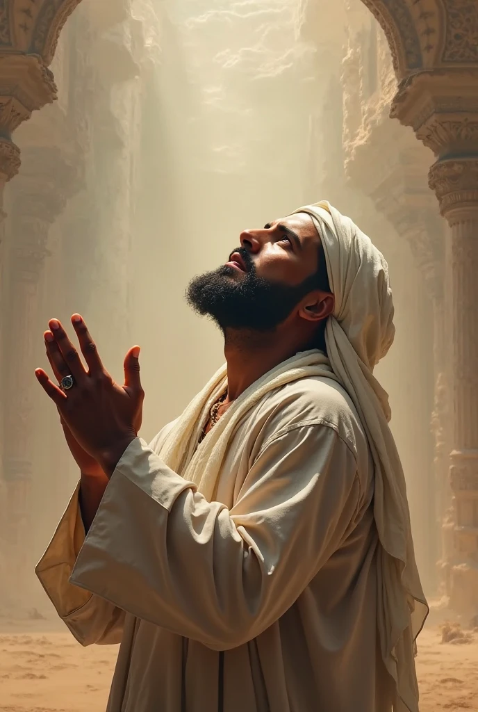 A Muslim man sadly looking up the sky and praying