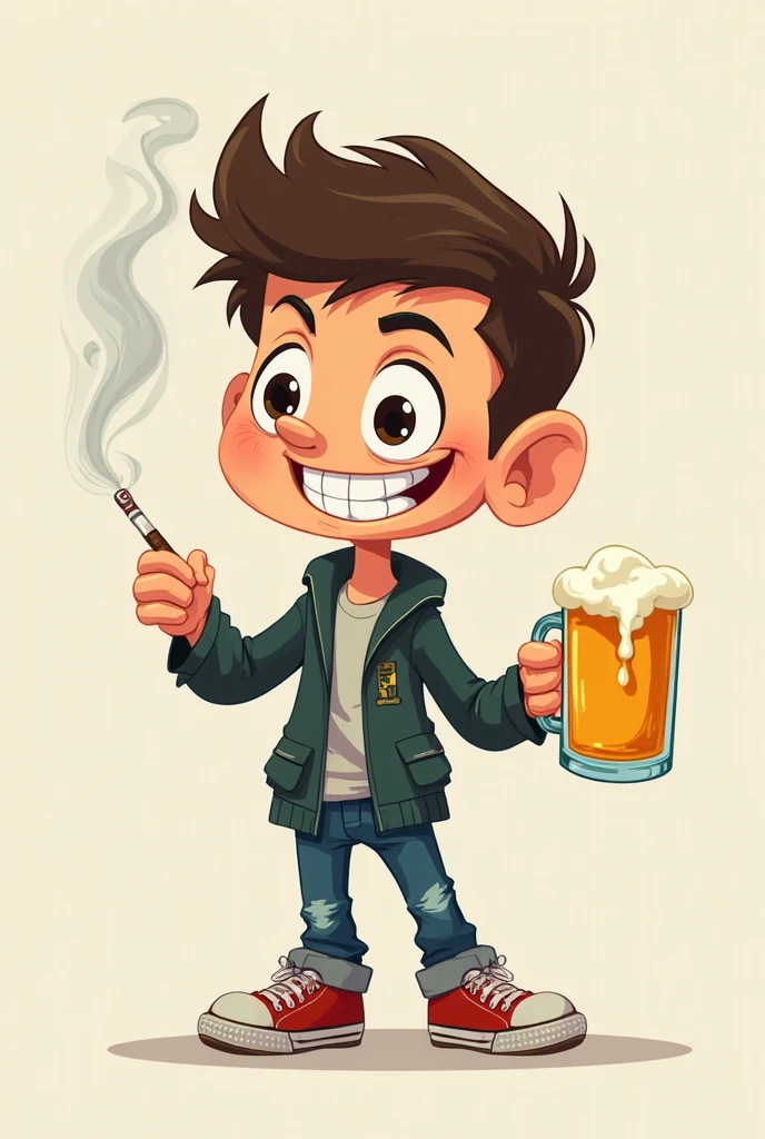 Create a drawing of your Madruga do Chaves smoking and with a bottle of beer in his hand happily