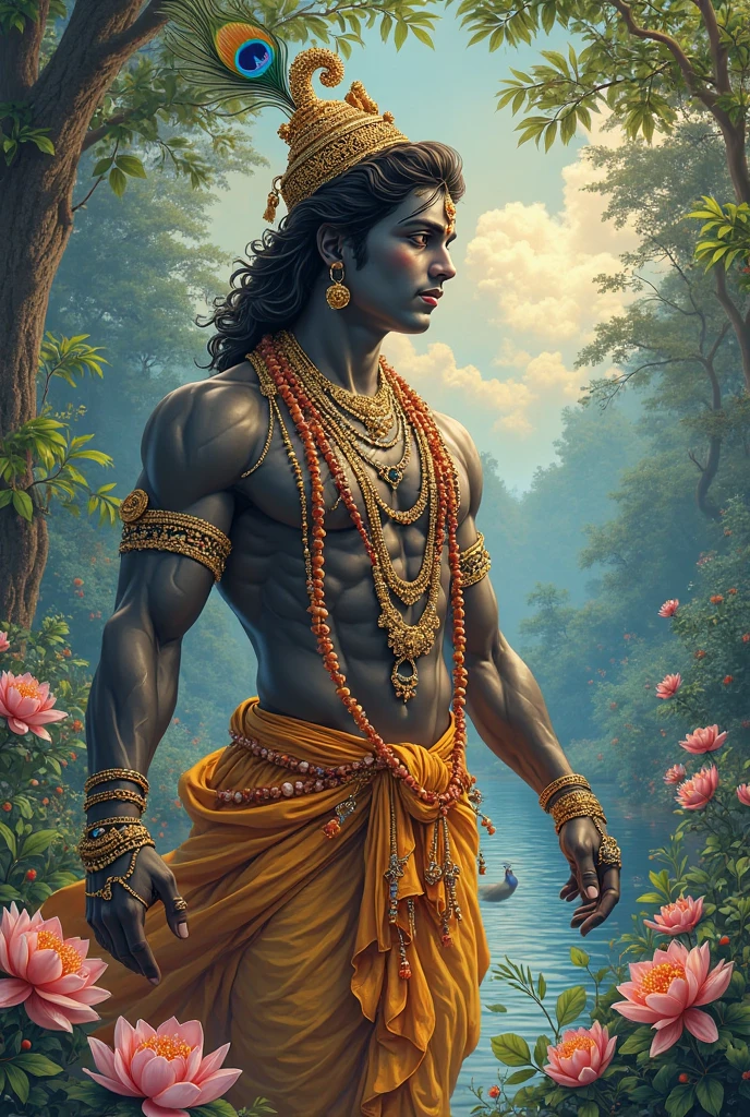 Digital photographic image of painted portrait of Indian Mythological Character Lord Sree Krishna from Mahabharata, Hrithik Roshan, Muscular, ((Ancient Indian warrior prince)). ancient Indian, brown hair, ((Clean shaven face)) athlete, Young, handsome, upper body, semi muscular, fantasy, intricate, elegant, highly detailed, digital painting, artstation, concept art, smooth, sharp focus, illustration, art by gaston bussiere and alphonse mucha