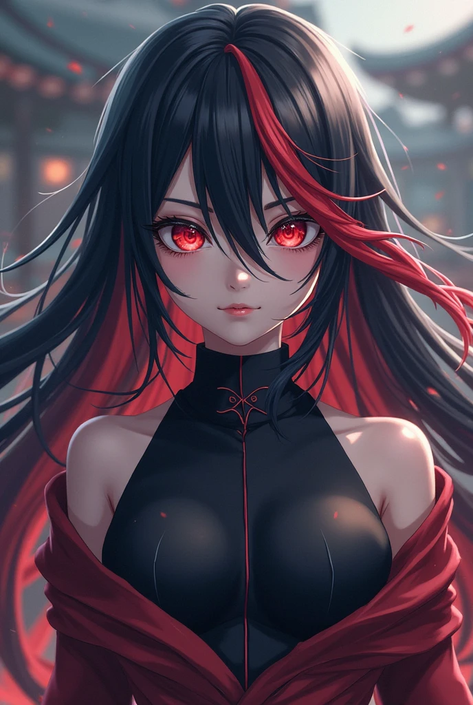 Mulher,long black hair,red eyes,big breasts,serious expression,black blouse,black pants,(best quality:1.2),vivid colors,ultra-detailed,realistic,portrait,studio lighting