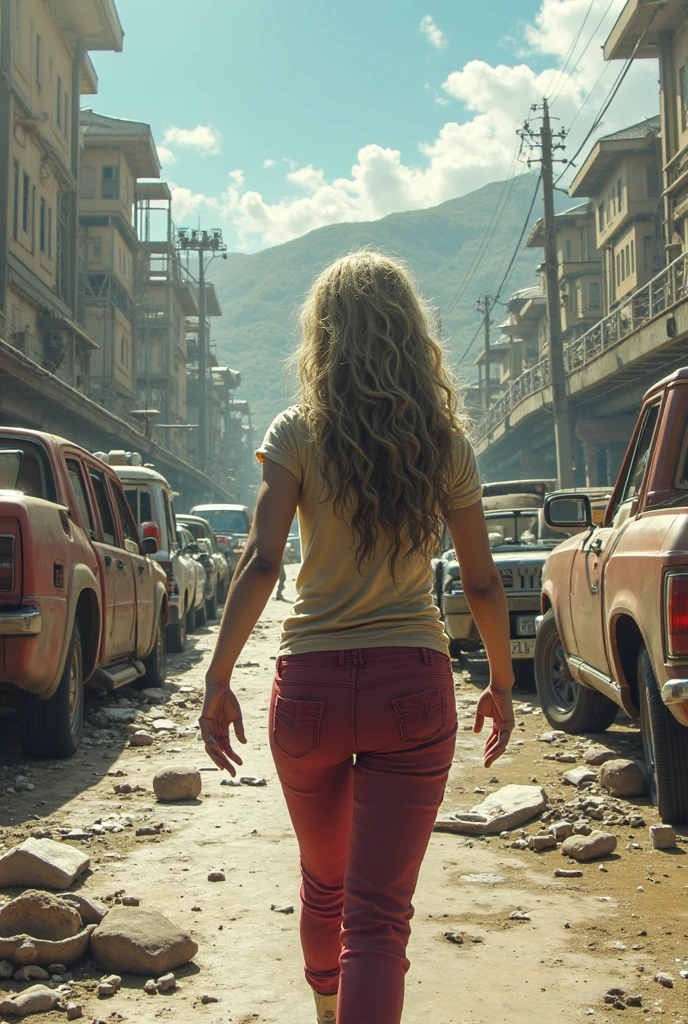 (Old dark street)blonde white woman.Wear skinny jeans that fit your body well and a short-sleeved T-shirt that fits your body well..very big breasts.very big breasts.((8k)).(A woman running away with a frightened expression on her face down a shabby, dark street).My heart is pounding.