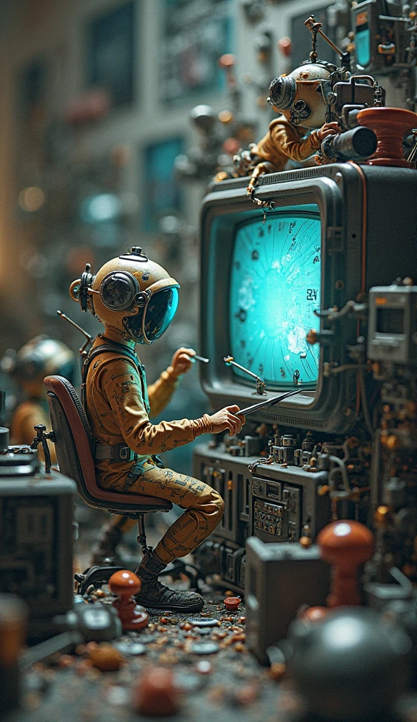 Chibi scientist looking at a gleaming art deco 1930s device made of clay, scientist, inventory, analog controls, evening lamplight, playing retro games, particles flowing inside the glowing wires, hands hidden