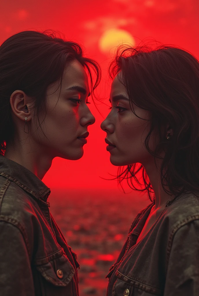 Identical twin sisters hugging each other in fear、2024;masterpiece, Better Quality, High resolution, ((Photorealistic:1.4, RAW Photos, 超High resolution,Best image quality: 1.4)), ((Upper body 1.5)), Beautiful attention to detail, Natural color lip, (masterpiece, Highest quality) Destroyed city (Hanoi)Two sad girls looking up(close); Bombs falling from the sky.