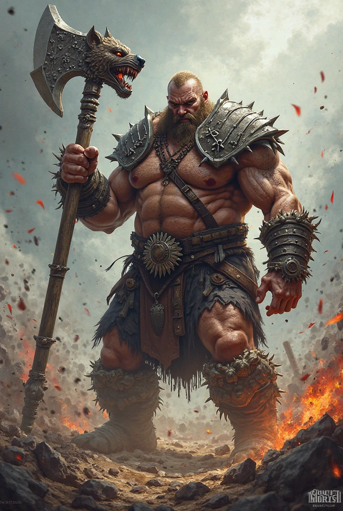 Muscular Viking Warrior, bearded, naked torso, wielding a bloody axe in one hand and the head of an enemy in the other. angry look, shouting victory, beard with blood